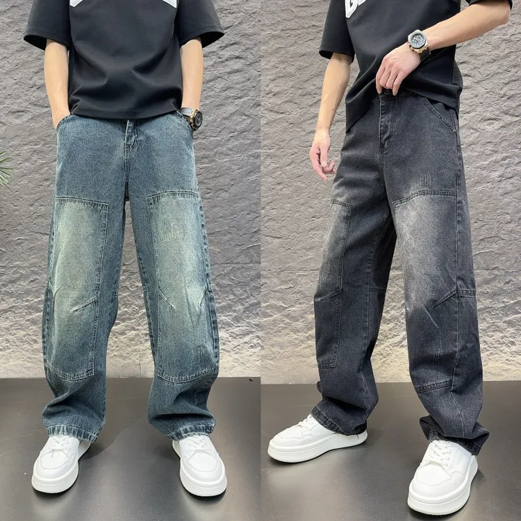春季牛仔裤常规拼接水洗直筒男士潮牌哈伦裤时尚渐变痞帅做旧长裤