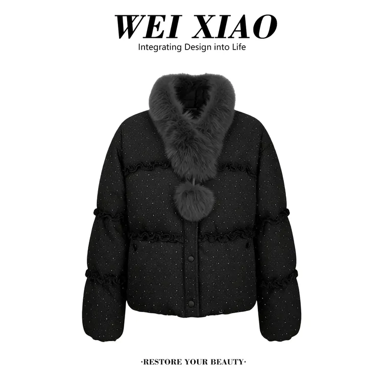 洋气烫钻简约毛毛围脖百搭棉服女2025新款冬加厚小个子慵懒风外套