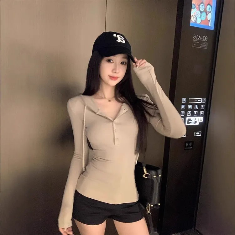 韩系休闲连帽V领长袖女春夏季修身掐腰简约运动风新款百搭上衣