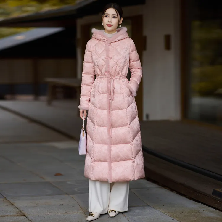 H560  粉色连帽羽绒服2025冬季新款新中式长款国风保暖女装外套