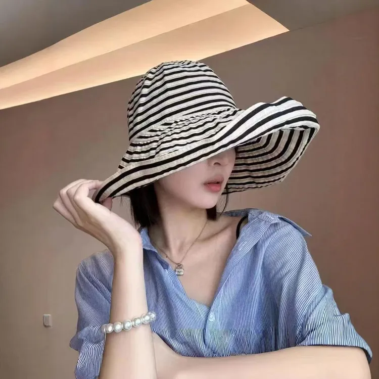 日系可折叠黑米条纹遮阳帽大帽檐时尚优雅复古大头围百搭胶片日记