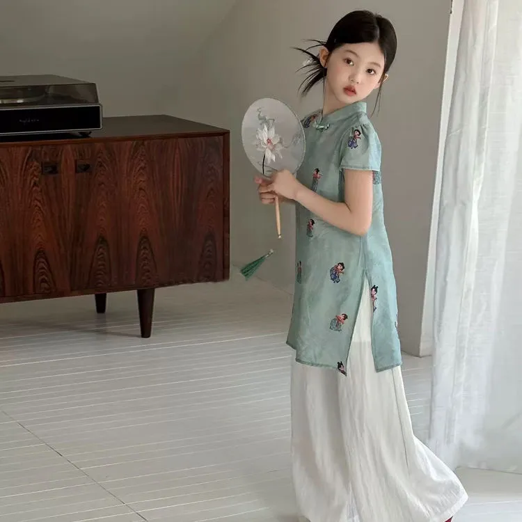 女童旗袍夏季薄款套装2025新款洋气新中式国风汉服女孩六一儿童节