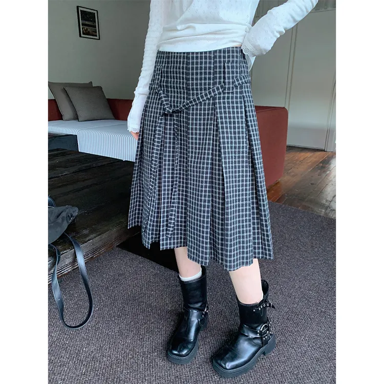 复古黑白格子半身裙女2025秋冬季高腰百褶裙垂坠感中长款a字伞裙