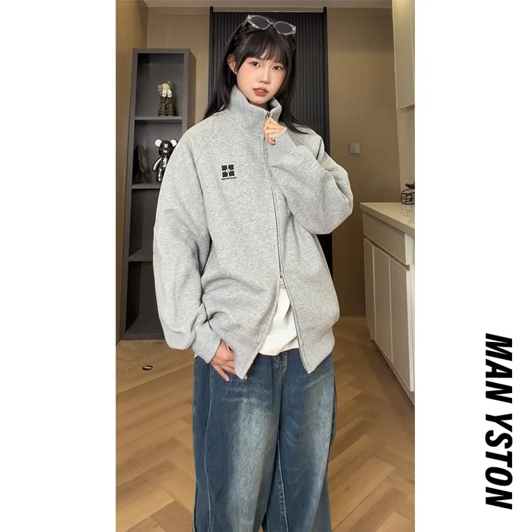 美式420G重磅双拉链开衫卫衣休闲秋冬季立领个性宽松外套男生款