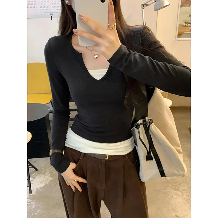 Moses Queen/魔西女王美式复古假两件长袖T恤拼接撞色辣妹上衣