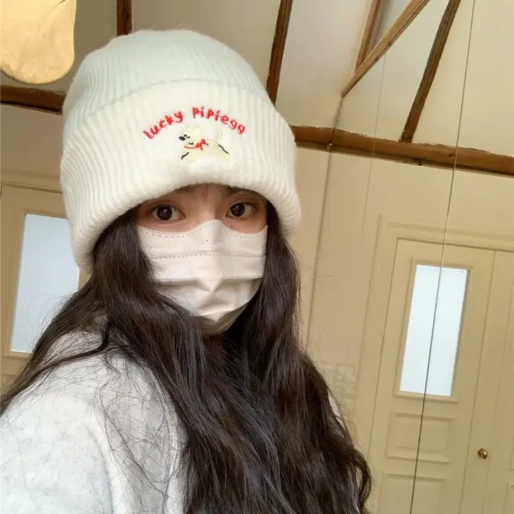 韩版ins可爱刺绣针织毛线帽女加厚保暖秋冬新款显脸小包头帽白色