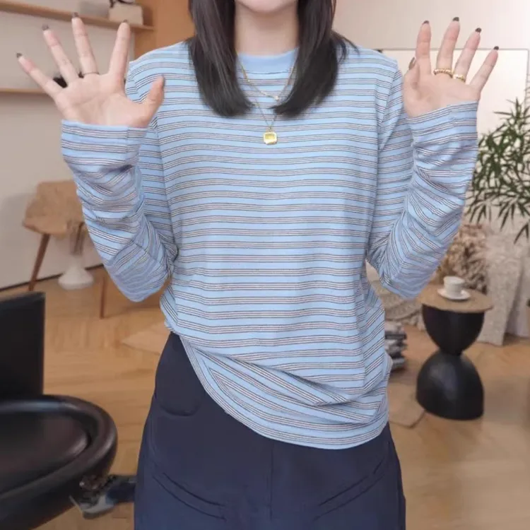 韩版chic条纹长袖T恤女秋季新款胖MM大码女装宽松慵懒风显瘦上衣