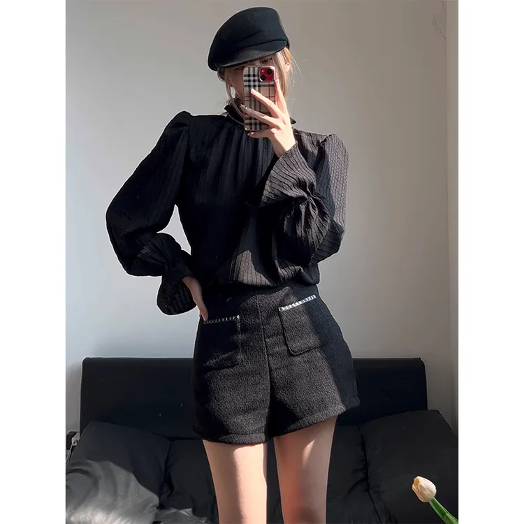 秋冬新款韩系高级感气质时尚显瘦长袖上衣高腰小众百搭休闲短裤女