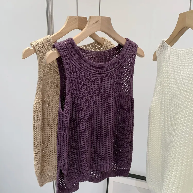 热销超好看紫色镂空微透圆领针织背心女夏2025新款外穿高级感无袖