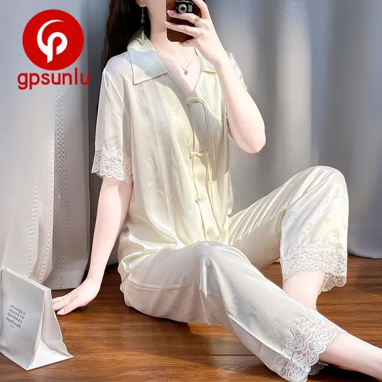 【专柜正品】新中式国风盘扣高级感妈妈睡衣夏季短袖长裤家居服冰丝