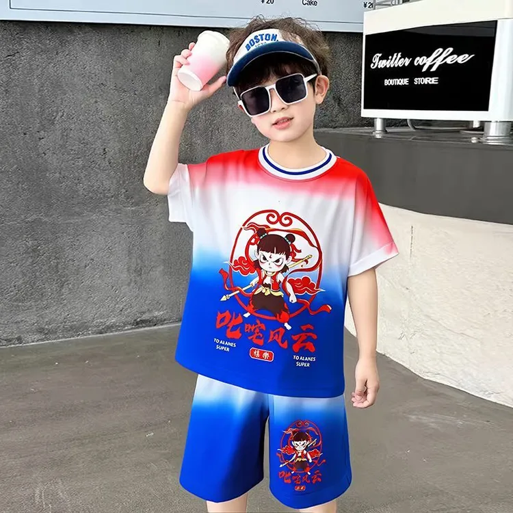 夏季休闲儿童短袖套装男女童薄款卡通动漫两件套聚酯纤维洋气舒适