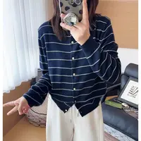 超好看宽松条纹针织开衫女2025秋季新款大码胖mm百搭显瘦圆领毛衣