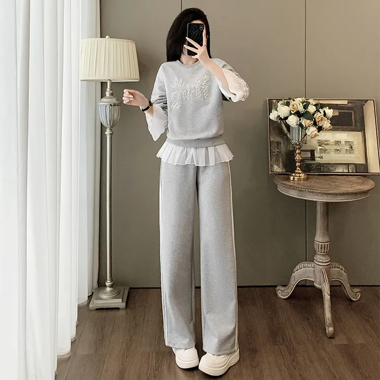 2025秋季新款时尚套装女蕾丝宽松卫衣高腰显瘦阔腿裤休闲两件套潮