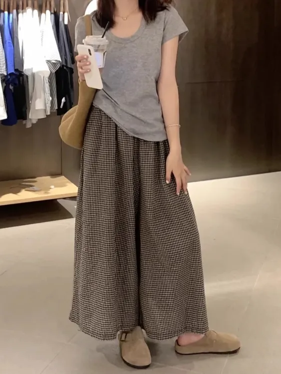 慵懒风格子裙裤女2025夏季新款大码胖mm宽松显瘦九分阔腿休闲裤