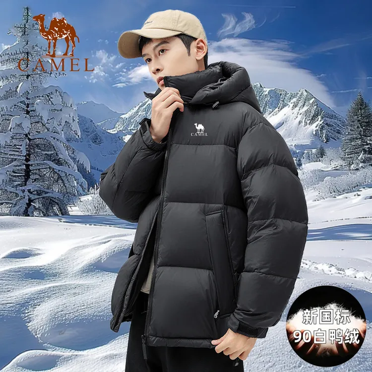 骆驼街火山羽绒服男女冬季新款加厚保暖黑色90绒短款连帽羽绒外套