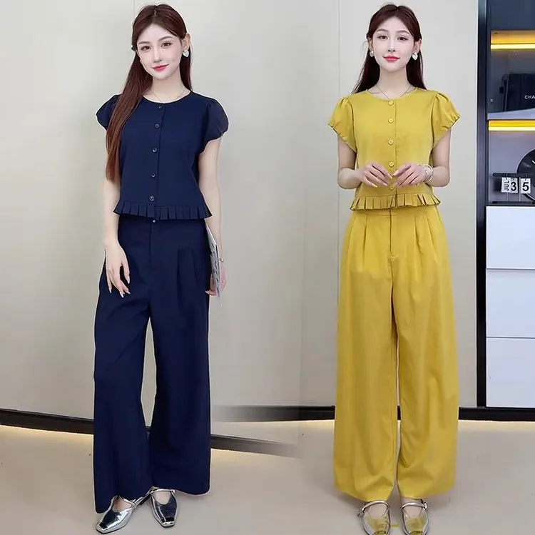 时尚套装女2025夏季新款洋气减龄显瘦荷叶边短袖衬衫高腰阔腿裤潮