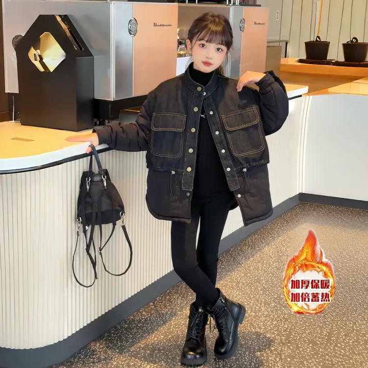 女童秋冬新款时尚不规则牛仔拼接假两件棉服修身小脚裤两件