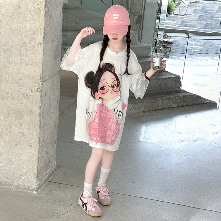 女童连衣裙夏装2025新款洋气蕾丝花边大童短袖T恤裙儿童夏季裙子
