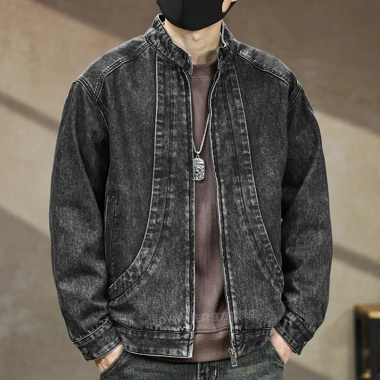 高街重工结构水洗做旧机车牛仔外套男秋季美式高端复古立领夹克潮