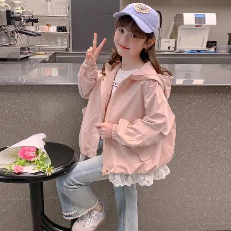女童外套秋装2025新款洋气儿童蕾丝边夹克中大童春秋韩版连帽上衣