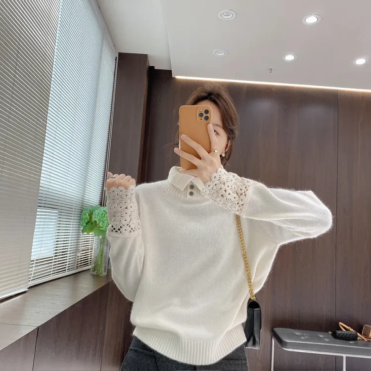 IMFLY金小金自制女装 羊毛衫DYW10210设计感镂空钩花翻领针织打底