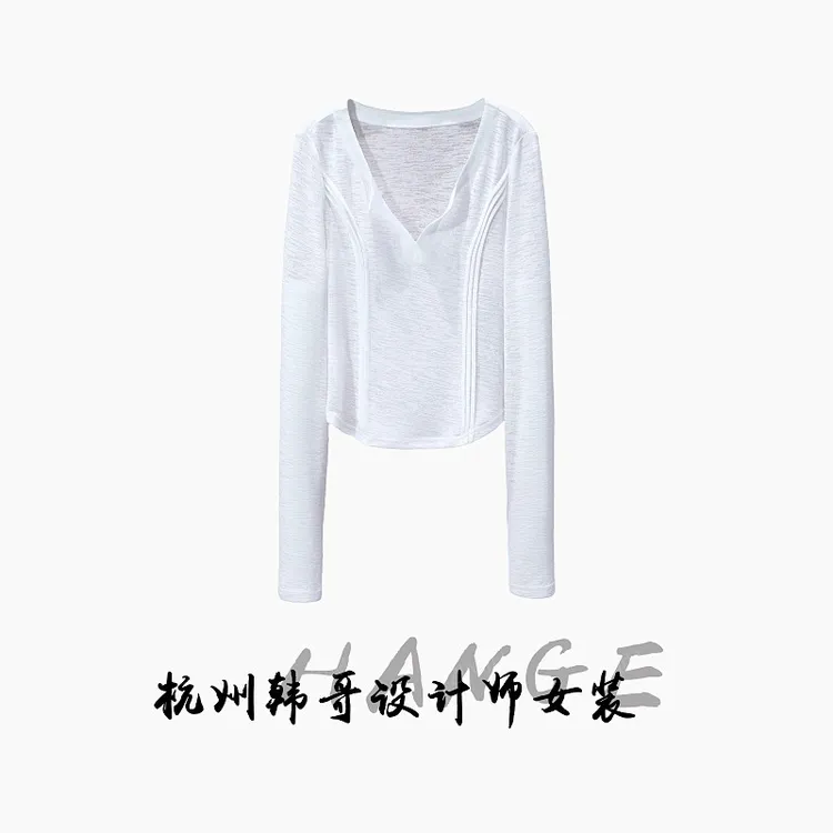 【韩哥女装】夏季欧货设计师白色V领简约感爽肤衣长袖衫8169-A0