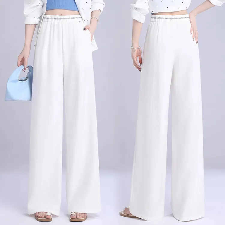 冰丝白色阔腿裤女2025夏季新款洋气松紧腰宽松显瘦垂感薄款直筒裤