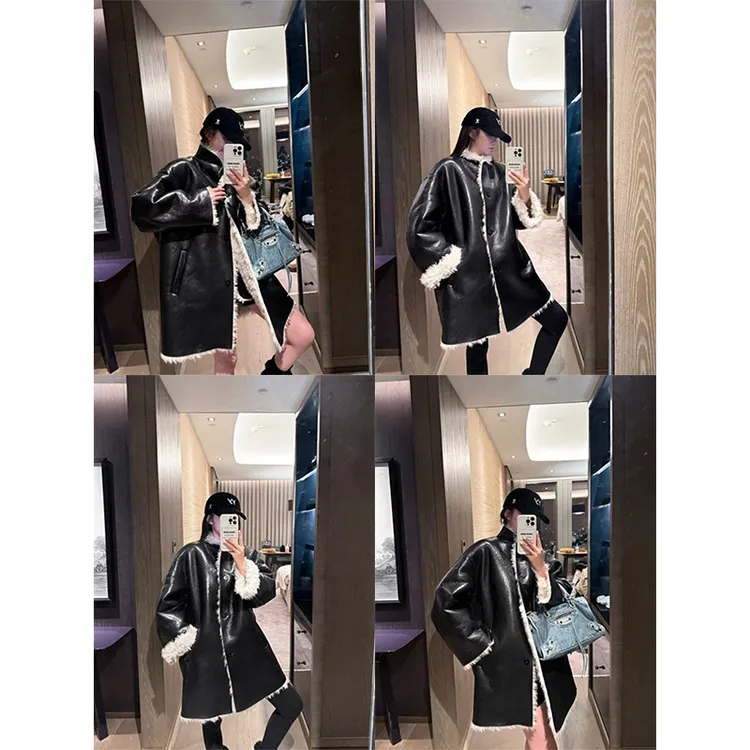 《复古腔调》环保仿羊羔毛水洗蛋白PU皮系扣立领高级感中长款外套