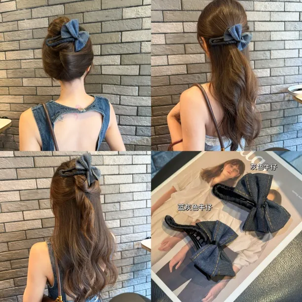 牛仔复古简约韩系牛仔蝴蝶结鸭嘴夹发夹女后脑勺盘发发饰