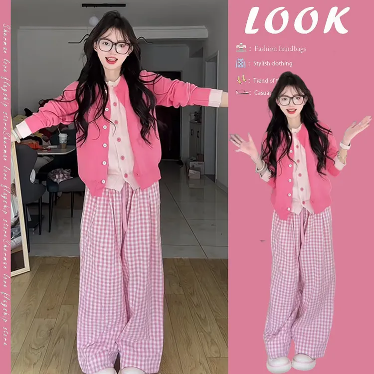 【现货】早秋温柔系穿搭女2025新款韩系假两件针织衫休闲裤两件套