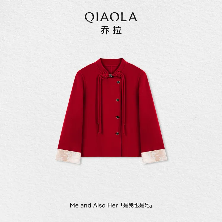 QIAOLA/乔拉【荷风绕袖】秋冬羊毛新中式圆领设计袖口拼撞毛呢大衣