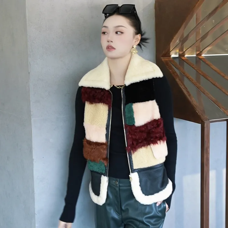 limil/丽米儿拼接羊毛皮草马甲9400032