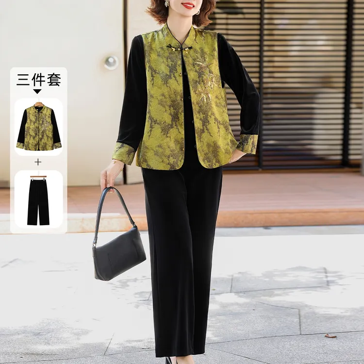 罗蒙高贵新中式中老年女装2025春秋季新款国风妈妈套装丝绒三件套