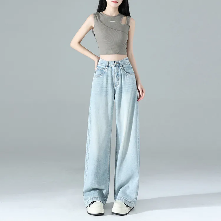 莱赛尔棉混纺丨阔腿牛仔裤女2025夏季薄款分割线设计宽松直筒裤子