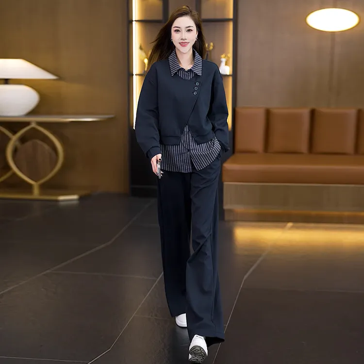 条纹衬衫领假时尚两件上衣阔腿裤两件套女大码200斤休闲套装欧货