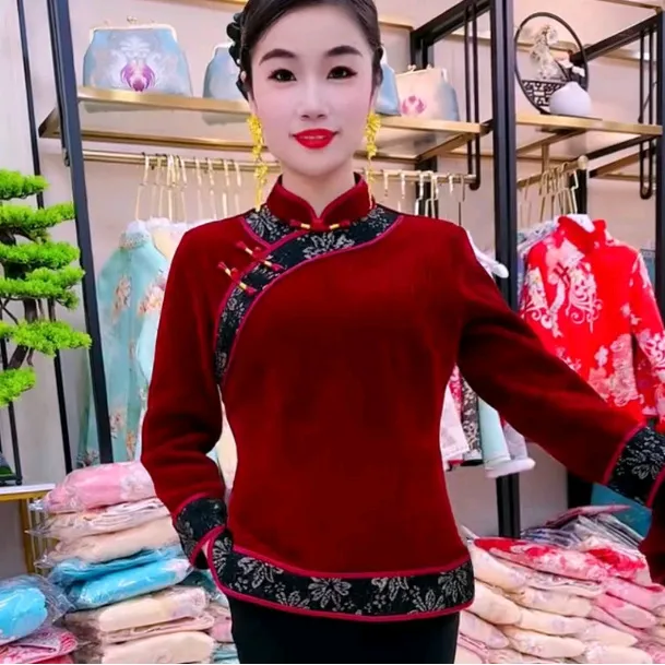 （BB26）加绒旗袍上衣女秋冬新款长袖宽绣花花边显瘦复古中国风