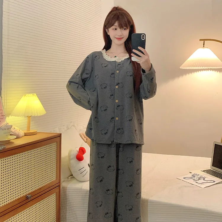 炸姐大码睡衣女秋冬2025新款甜美蕾丝领可爱休闲可外穿家居服套装