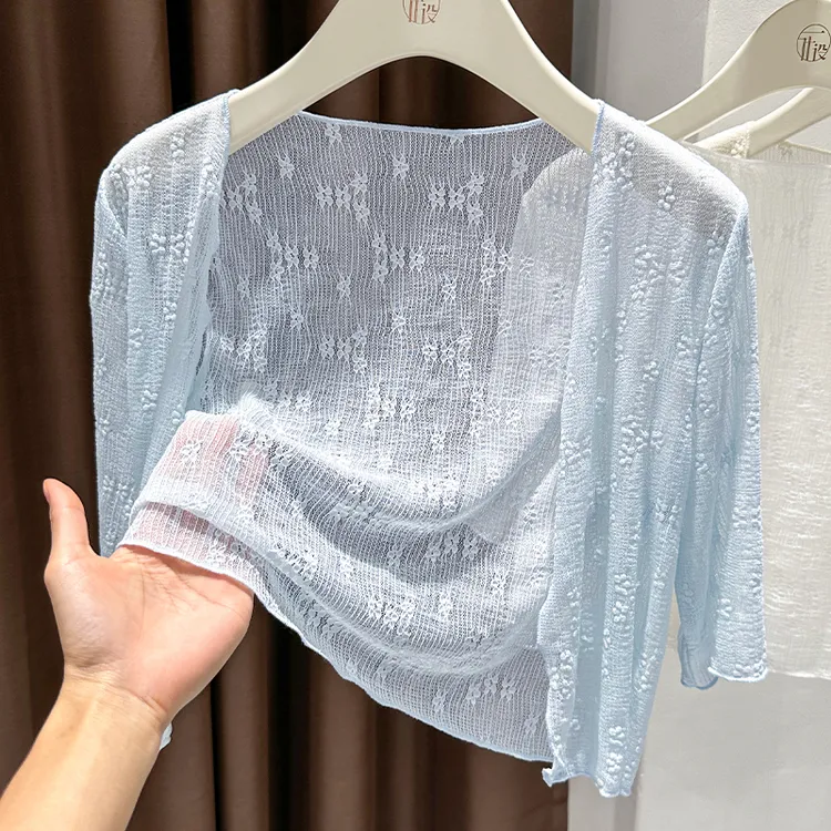 蓝色气质小开衫夏季新款中袖披肩配吊带裙百搭木耳边蕾丝衫外套女