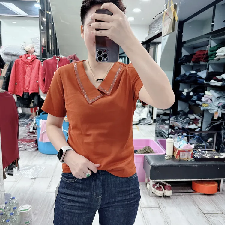 舒适棉不规则歪领亮钻4色上衣6916品