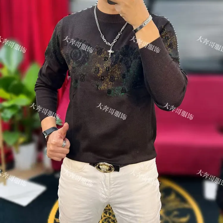 【大奔哥】K3338时尚修身秋冬新款天鹅绒加厚烫钻提花百搭高弹毛衣