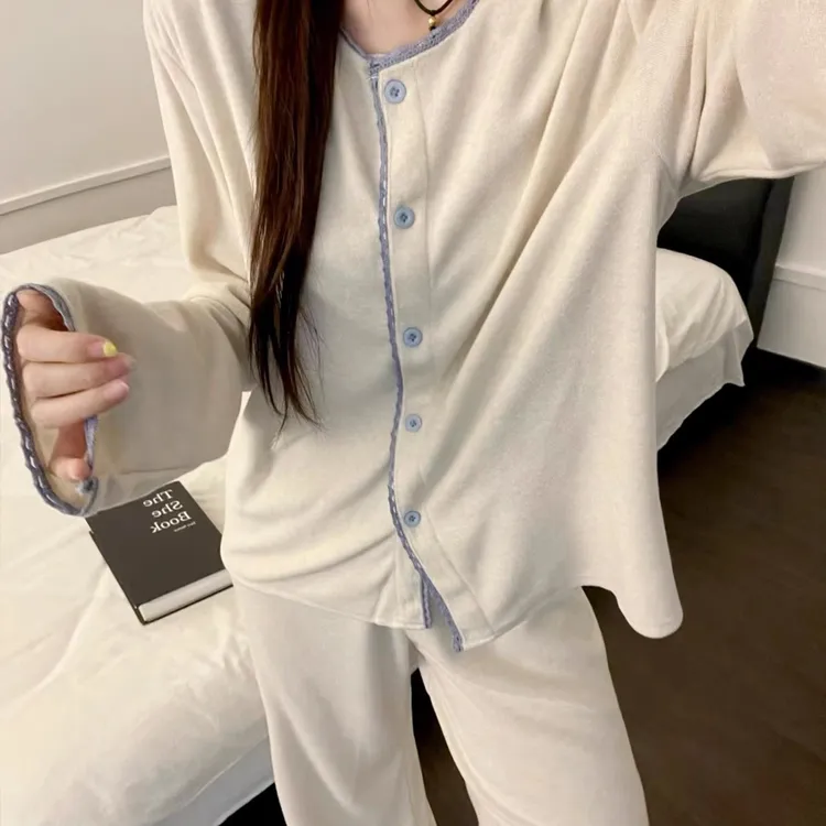 慵懒风花边撞色长袖德绒睡衣春秋新款可外穿家居休闲服套装可外穿