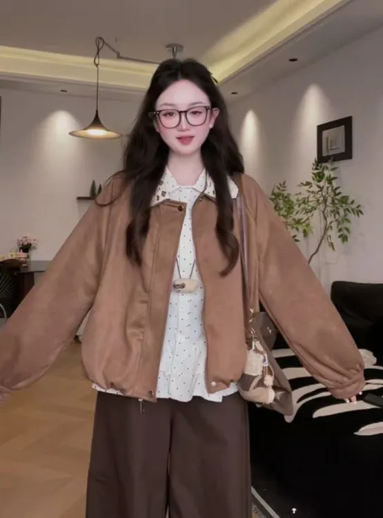 【圆脸鹿】鹿皮绒外套女百搭花边领秋季千金风短外套翻领波点衬衫两件套