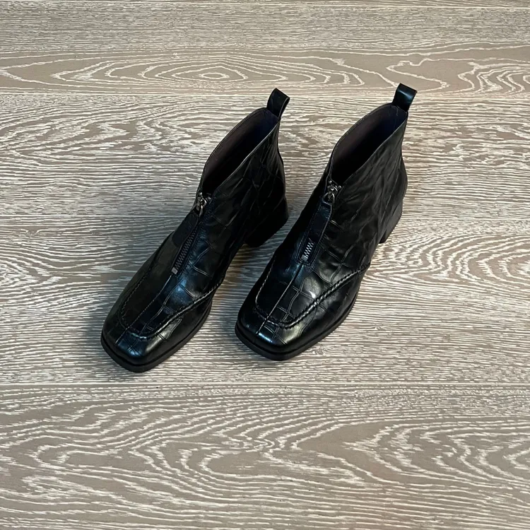 4CM头层牛皮方头秋中跟软底弹力瘦瘦靴冬短靴绒里时尚百搭秋冬鞋