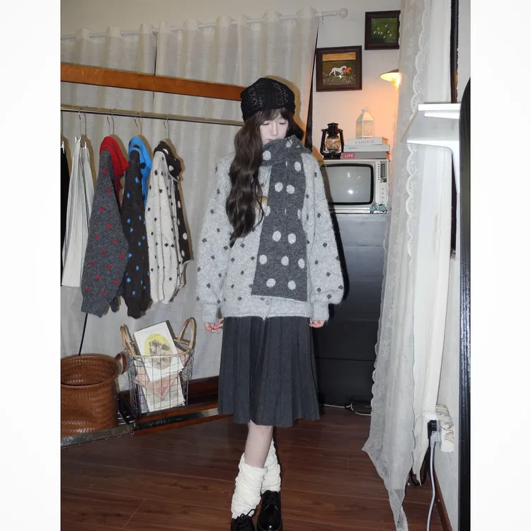 波点格兰慵懒甜美围巾毛衣