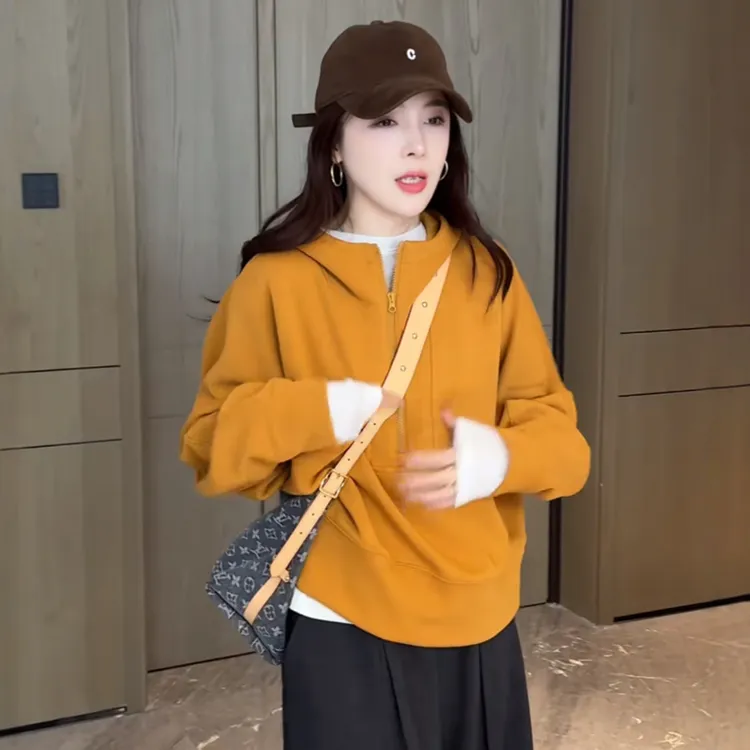 正版时尚连帽半拉链卫衣短外套女2025年秋季流行洋气宽松流行上衣