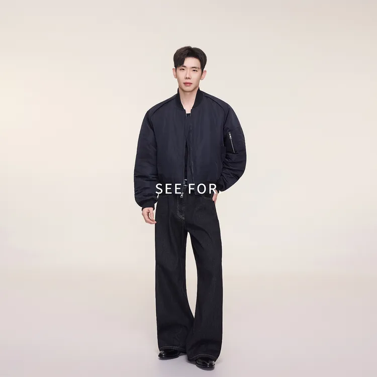 SEE FOR “细腻羊绒棉”黑色bomber飞行员棉服男短款宽松外套冬季