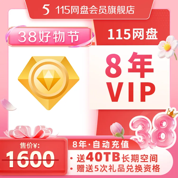 [38好物节] 115网盘 8年VIP 含40TB空间 长期稳定  尊享会员特权商品图