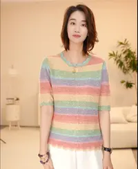 100%纯山羊绒衫圆领短款毛衣镂空彩虹渐变打底衫潮牌时尚12A325