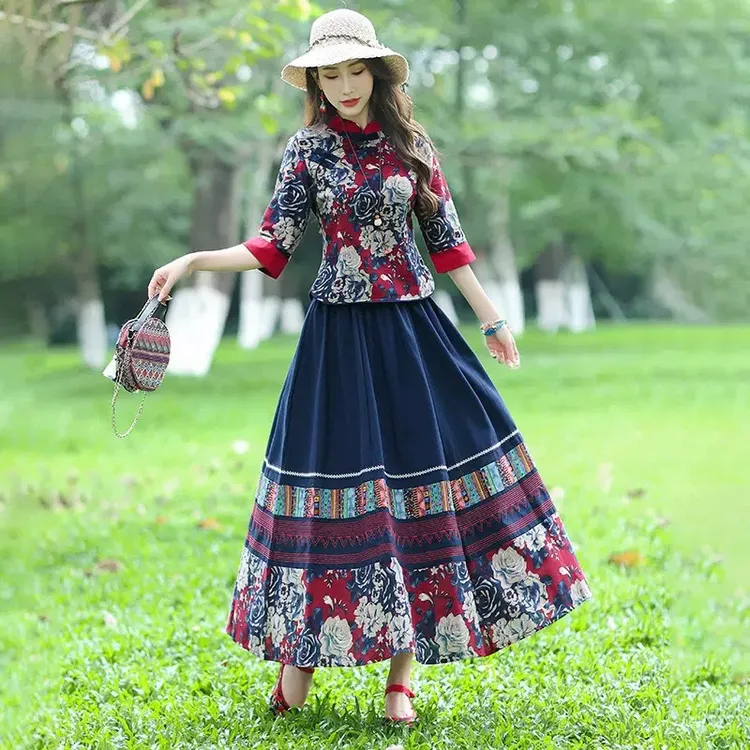 民国风中式套装女民族风旗袍上衣裙子两件套（请手洗）