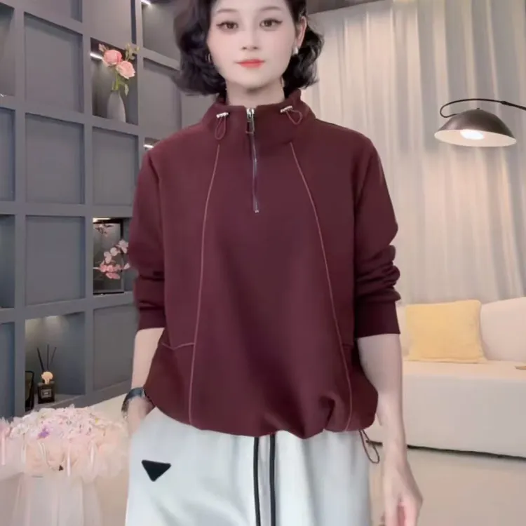 卫衣女士打底上衣2025秋冬新款宽松半拉链立领外套8515